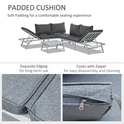 Outsunny 3 Pieces Garden Furniture Sets, 6 Seater Corner Sofa Set with Adjustable Backrest Chase Lounge with Slatted Metal Top Table, Padded Cushion, Grey 