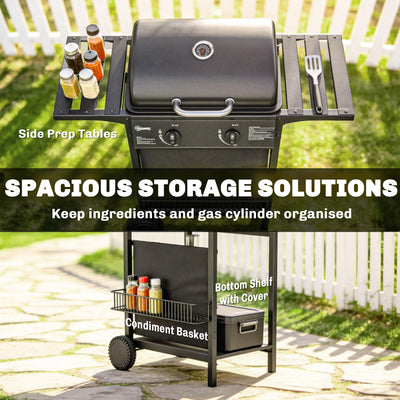 Outsunny Gas Burner Barbecue Grill, 2 Burner Gas Grill with Side Tables, Warming Rack, Shelf, Thermometer, Grease Tray, Black 