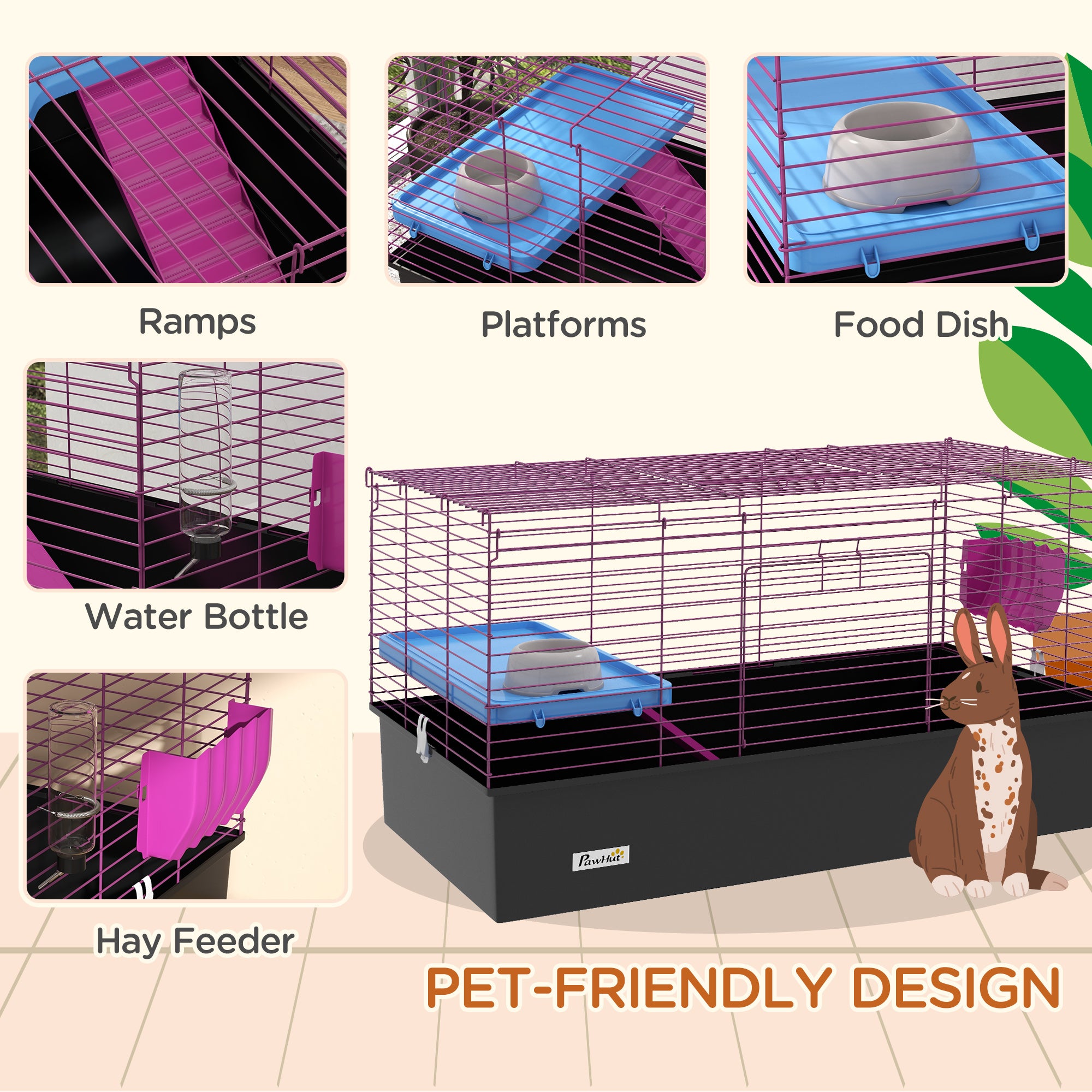 PawHut Chinchillas Small Rabbit Guinea Pig Small Animal Cage, Pet Playhouse, with Platform, Ramp, 99 x 52 x 53cm, Black 