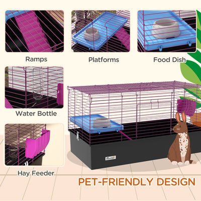 PawHut Chinchillas Small Rabbit Guinea Pig Small Animal Cage, Pet Playhouse, with Platform, Ramp, 99 x 52 x 53cm, Black 