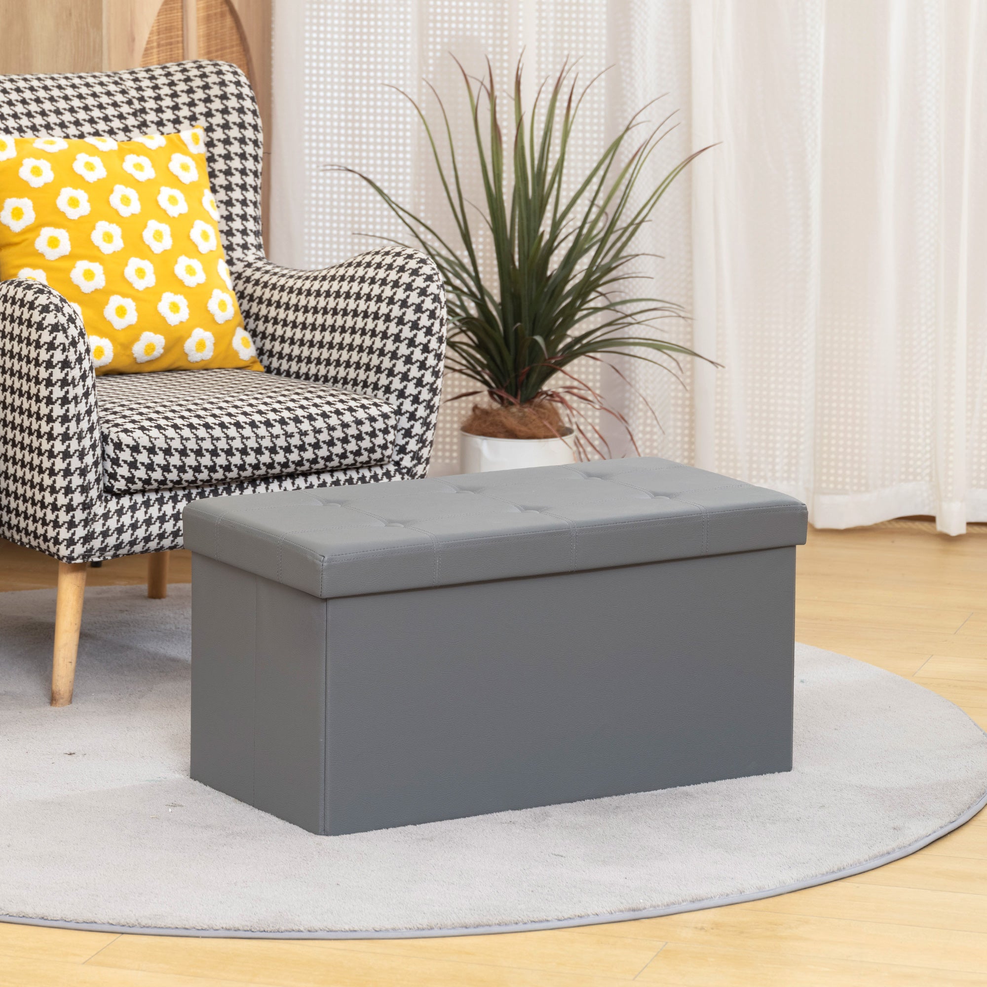HOMCOM Storage Ottoman Bench, 89L PU Leather Folding Foot Rest Stool, End of Bed Bench, Easy Assembly, for Living Room, Bedroom, Entryway, Grey 