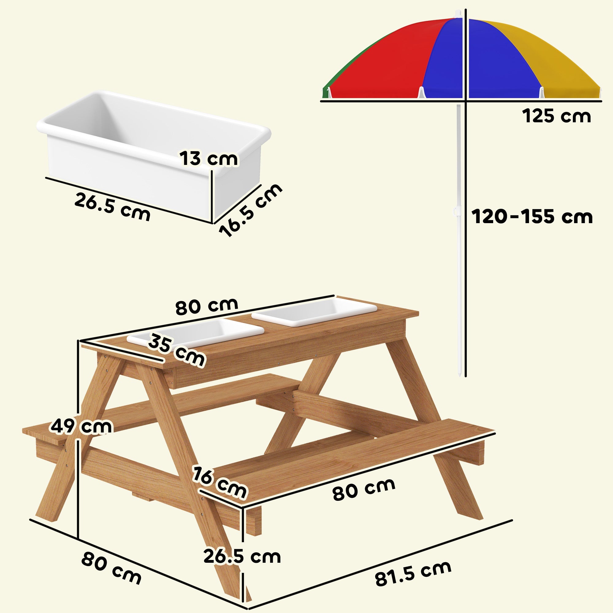 AIYAPLAY Kids Picnic Table, Sand and Water Table with Wooden Benches, Adjustable Parasol and Storage Bins, Multicolour 