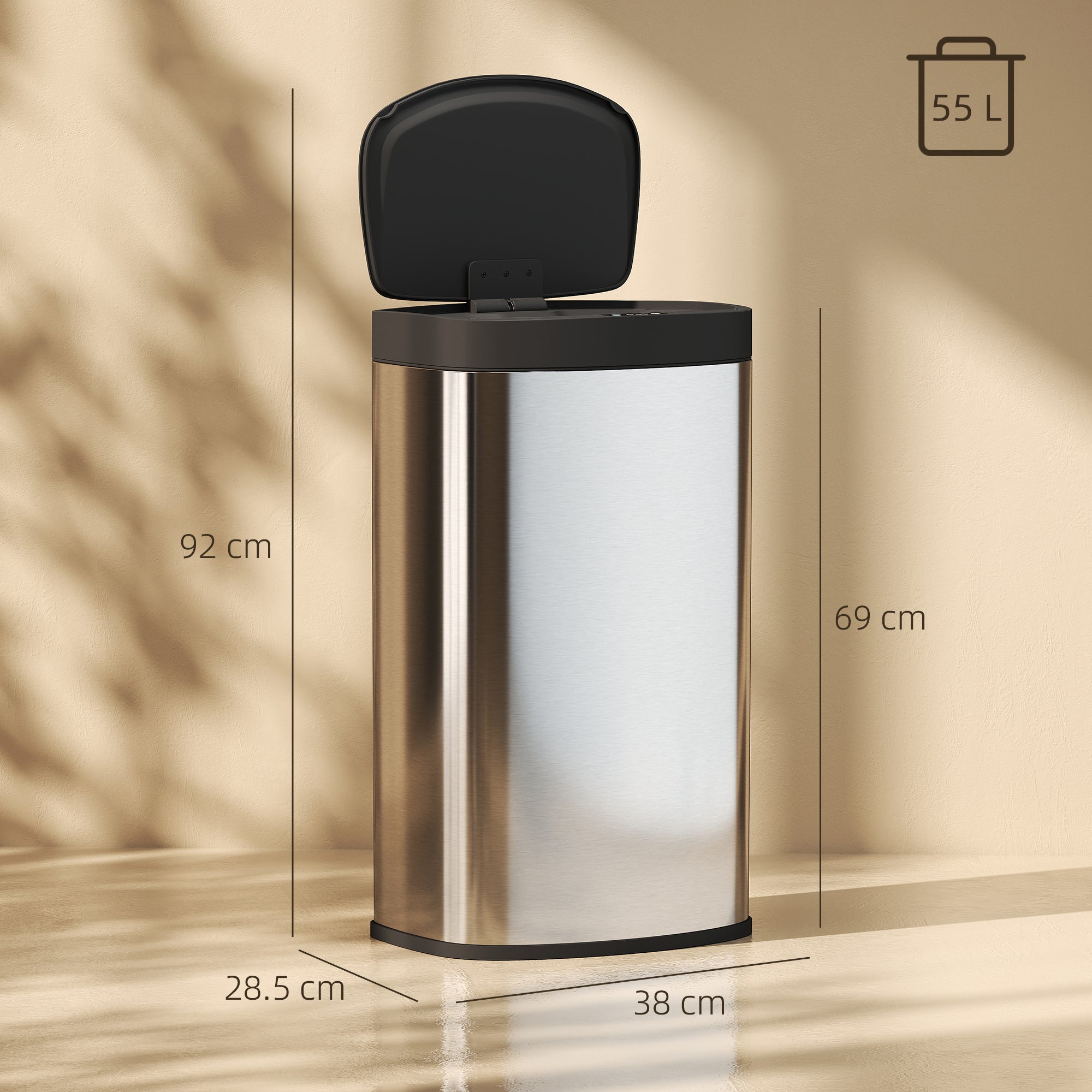 HOMCOM 55L Sensor Bin with Soft-Close Lid, Automatic Touchless Motion Sensor Kitchen Bin with Fingerprint Resistant Stainless Steel for Hygienic Gyms, Home Office Use, Silver Tone 