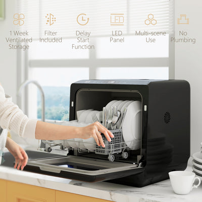 HOMCOM Table Top Dishwasher, Mini Countertop Dishwasher with Built-in 6L Water Tank, 6 Programs, Touch Control, LED Display, 4 Place Settings, Dual Water Supply and Air Drying Function, White 