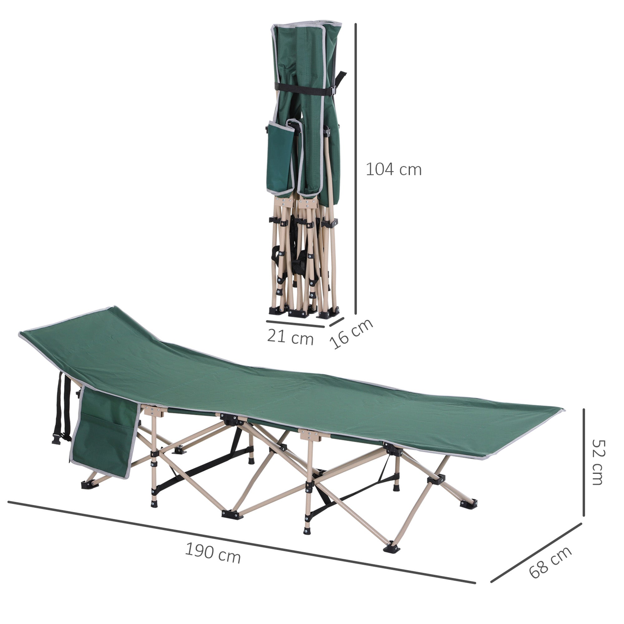 Outsunny Single Person Camping Bed Folding Cot Outdoor Patio Portable Military Sleeping Bed Travel Guest Leisure Fishing with Side Pocket and Carry Bag - Green 