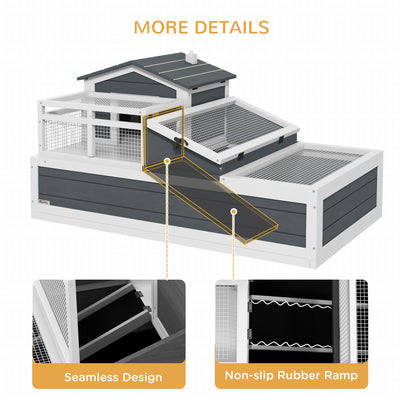 PawHut Tortoise House 3-Room with 2 Stories, Ladder, Balcony, Tray, Openable Roof, 59H x 112L x 65Wcm, Grey 