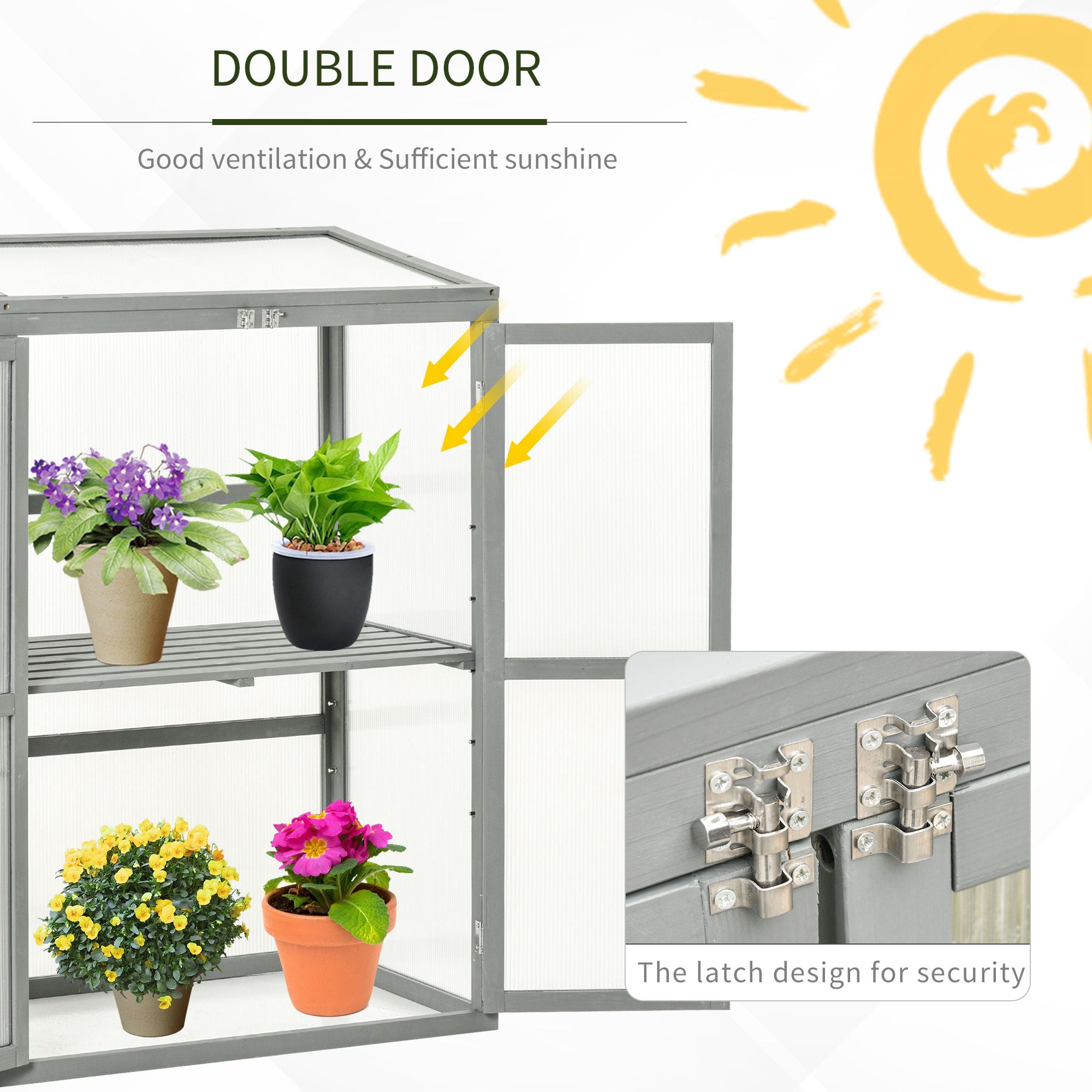 Outsunny Wooden Cold Frame Greenhouse Polycarbonate Garden Grow House for Flower Vegetable Plants with Adjustable Shelf, Double Doors, 76 x 47 x 110cm, Light Grey 