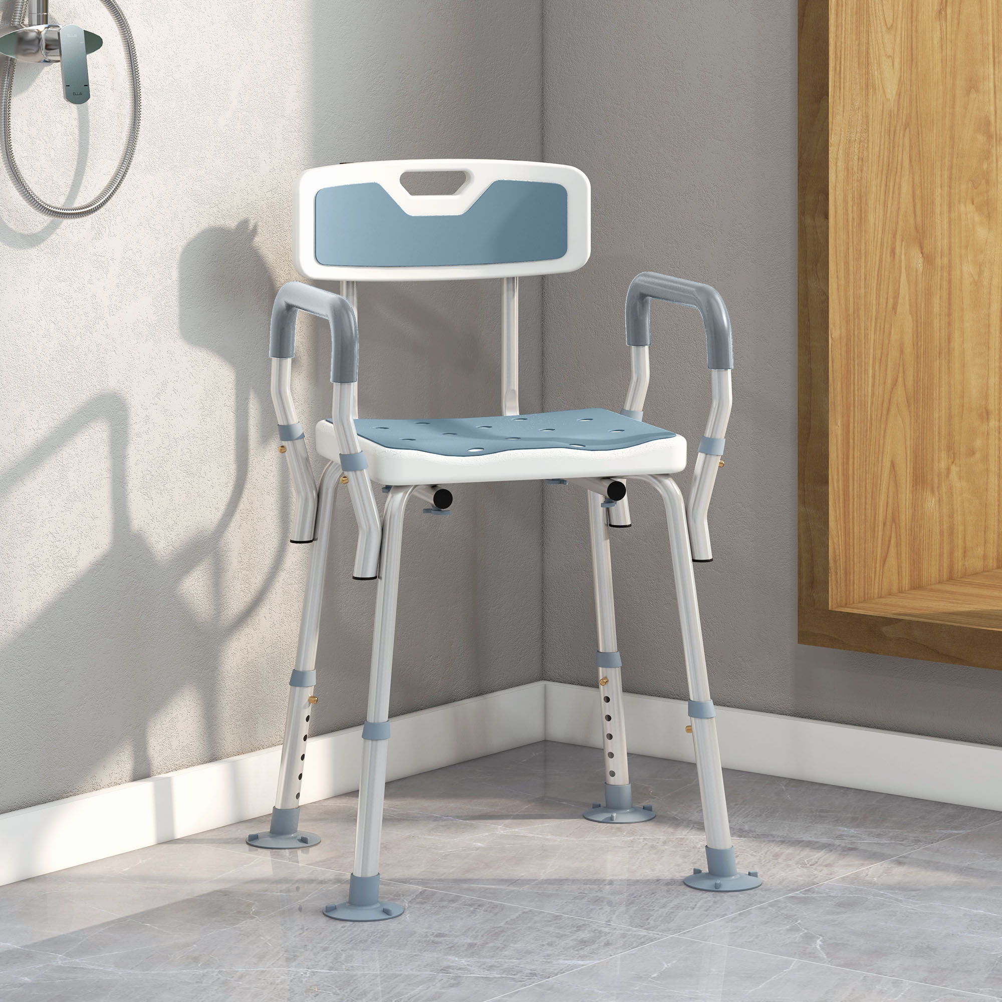 HOMCOM EVA Padded Shower Chair for the Elderly and Disabled, Height Adjustable Shower Stool with Back and Arms, 4 Suction Foot Pads, Light Blue 