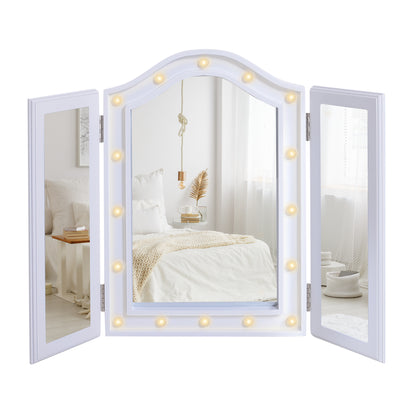 HOMCOM Trifold Freestanding Mirror, Lighted Tabletop Vanity Mirror Large Cosmetic w/16 LED Lights powered by batteries Foldable For Bedroom- White 