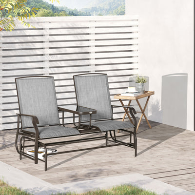 Outsunny 2 Seats Garden Glider Bench, Metal Frame Loveseat with Glass Top  Centre Table, Porch Rocking Glider for 2 Person, for Deck, Patio, Brown/ Grey 
