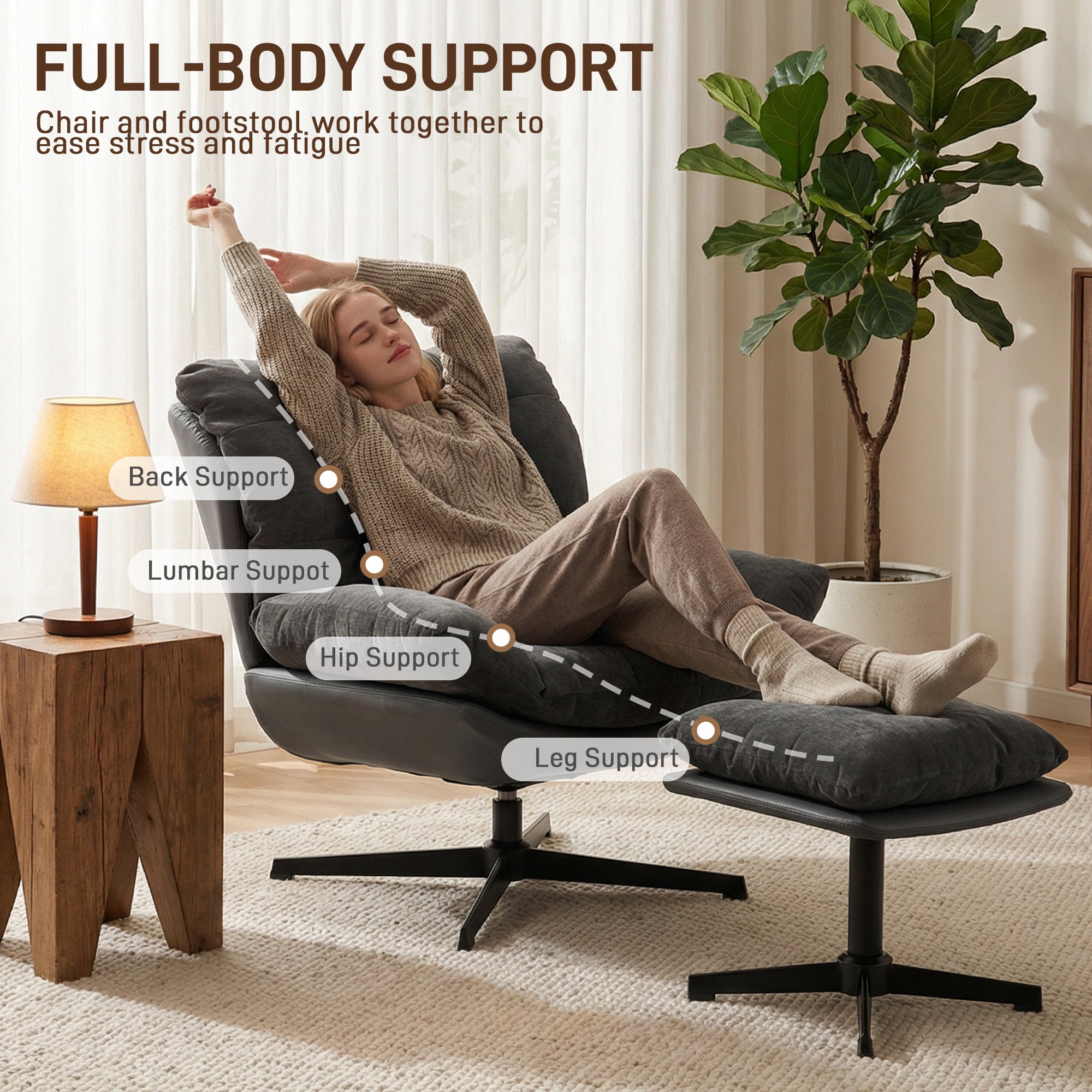 HOMCOM Accent Chair with Footstool, Swivel Lounge Chair with Chenille Upholstery, Metal Base, Dark Grey 