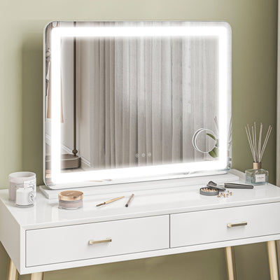 HOMCOM Vanity Mirror with Lights, Large Lighted Makeup Mirror with 3 Colour Lighting Modes, 10X Magnifying, USB Charging Port, Touch Screen, Tabletop or Wall Mounted Design for Bedroom, White 