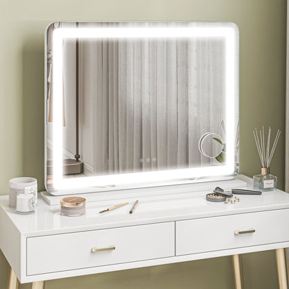 HOMCOM Vanity Mirror with Lights, Large Lighted Makeup Mirror with 3 Colour Lighting Modes, 10X Magnifying, USB Charging Port, Touch Screen, Tabletop or Wall Mounted Design for Bedroom, White