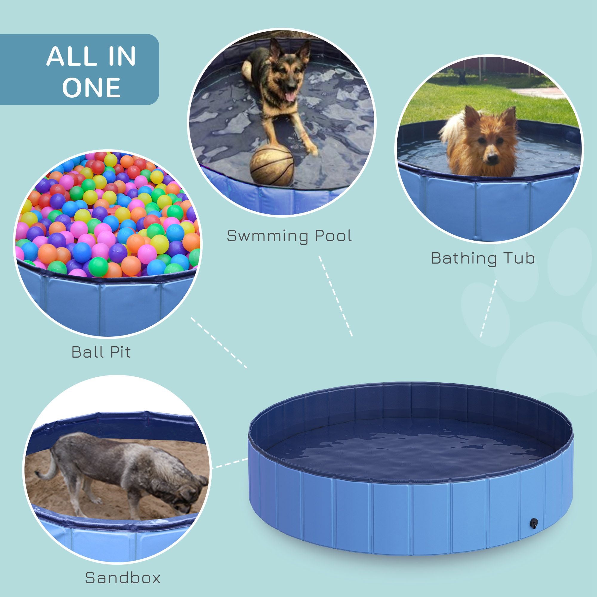 PawHut Foldable Dog Paddling Pool Pet Cat Swimming Pool Indoor/Outdoor Collapsible Summer Bathing Tub Shower Tub Puppy Washer (Φ140 x 30H (cm), Blue) 