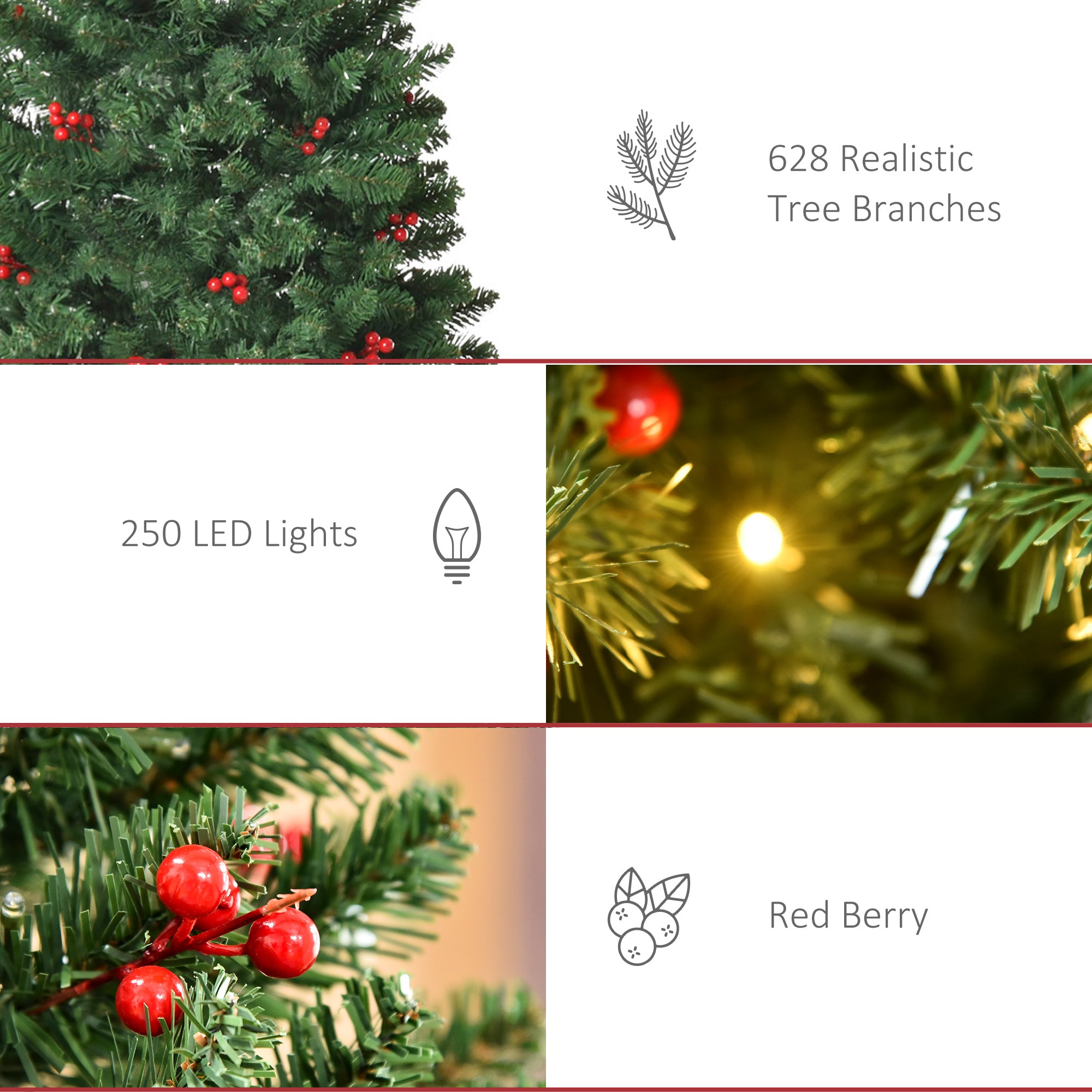 HOMCOM 6FT Prelit Artificial Pencil Christmas Tree with Warm White LED Light, Red Berry, Holiday Home Xmas Decoration, Green 