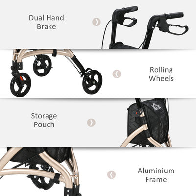 HOMCOM 3 Wheel Rollator, Lightweight Aluminium Tri Walker with Adjustable Handle, Storage Bag and Dual Brakes, Folding Mobility Walking Aid for Elderly, Handicapped, 5.3kg, Gold Tone 