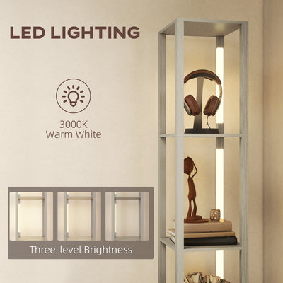 HOMCOM Floor Lamp with Shelves, LED Column Modern Standing Lamp with Fabric Drawer, Adjustable Brightness, Foot Switch for Living Room, Bedroom, Office, Oak 