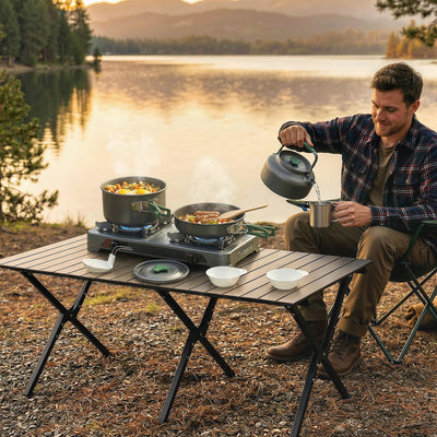 Outsunny Camping Cookware Set for 2-3 People, Ultralight Aluminium Camping Cooking Kit with Anti-Scald Handles, Grey 