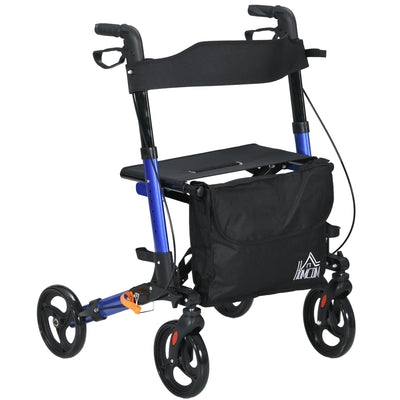 HOMCOM 4 Wheel Rollator with Seat and Back, Folding Mobility Walker with Carry Bag, Adjustable Height, Dual Brakes, Cane Holder, Lightweight Aluminium Walking Frame for Seniors and Disabled, Blue 