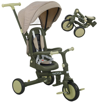 AIYAPLAY 5 in 1 Kids Trike with Adjustable Backrest, Toddler Tricycle with Push Handlebar, Adjustable Backrest, Dark Green 