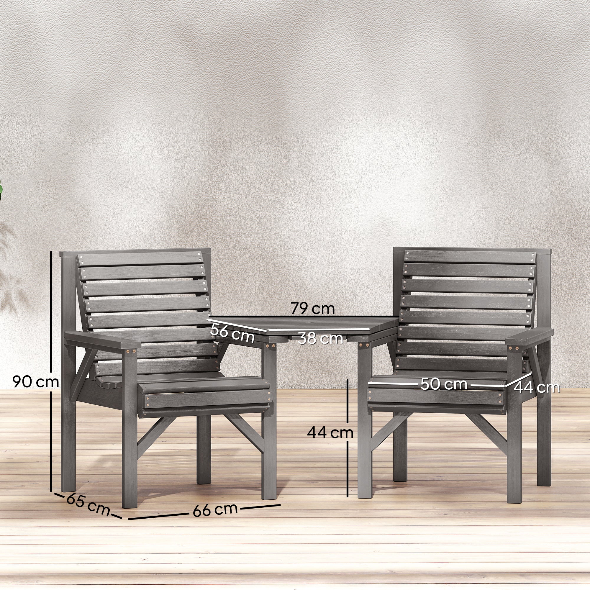Outsunny Wooden Garden Bistro Set, 2 Seater Wooden Outdoor Table and Chairs with Parasol Hole for Patio, Light Grey 