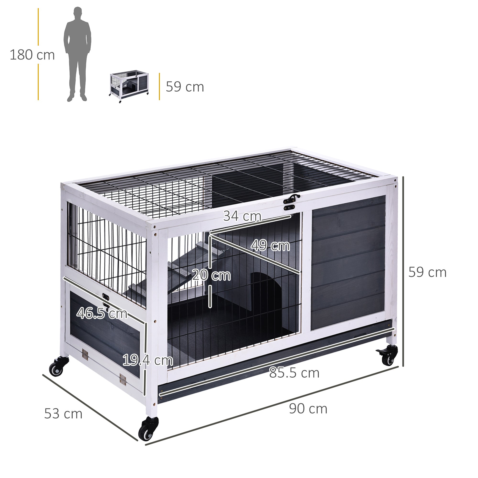 PawHut Wooden Guinea Pig Hutch, 2-Floor Bunny Cage w/ Enclosed Run Area, Grey 