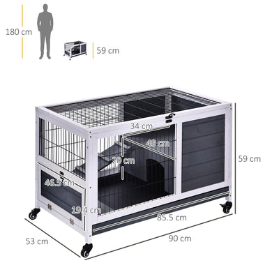 PawHut Wooden Guinea Pig Hutch, 2-Floor Bunny Cage w/ Enclosed Run Area, Grey 