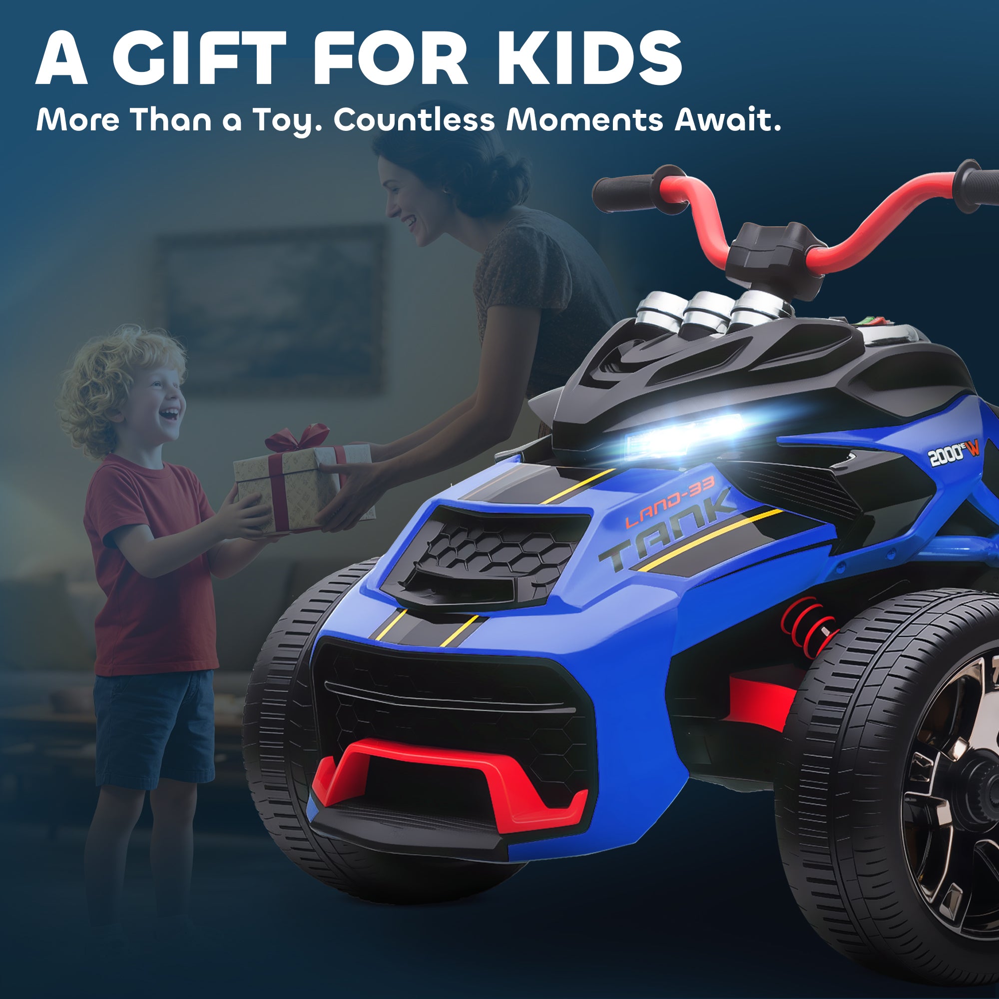 AIYAPLAY 12V Kids Electric Ride On Car with 3 Wheeler, MP3 Player, Horn, 2 Speeds, LED Lights for Boys & Girls Ages 3-8, Blue 