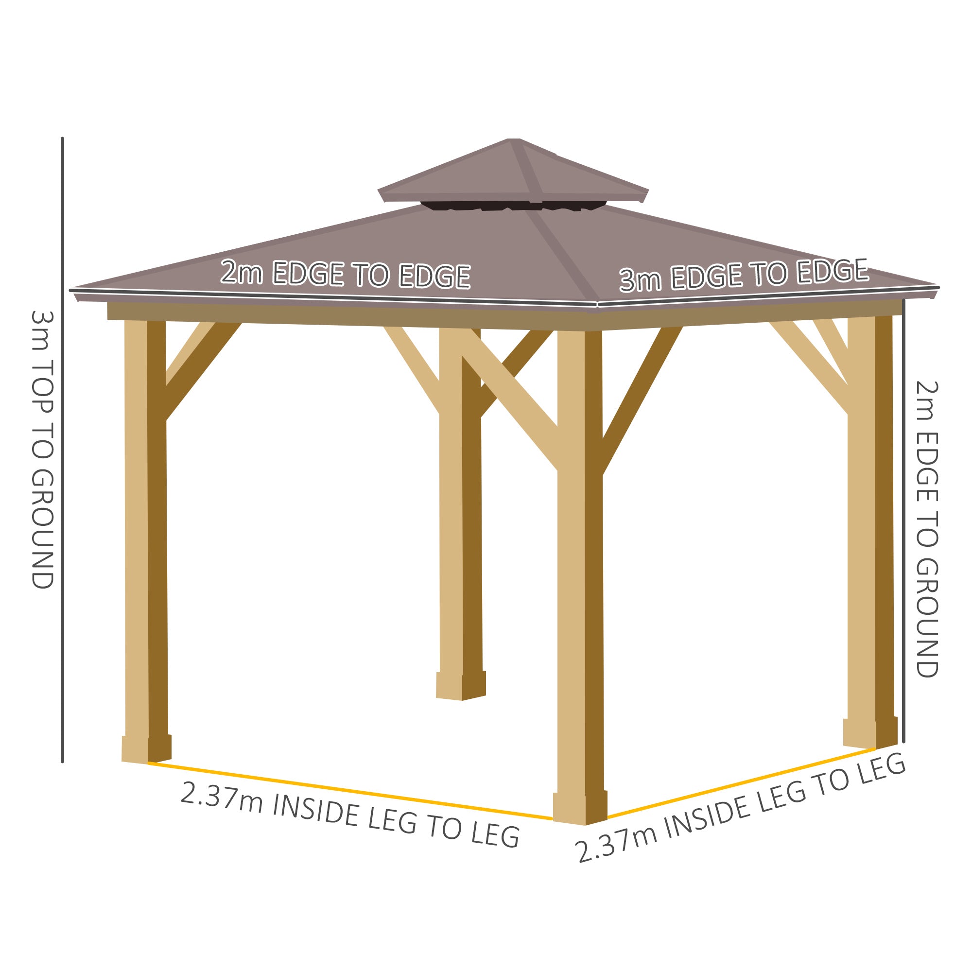 Outsunny 3x(3)M Outdoor Hardtop Gazebo Canopy with 2-Tier Roof and Solid Wood Frame, Outdoor Patio Shelter for Patio, Garden, Brown 