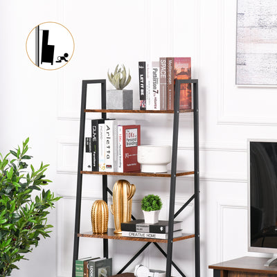 HOMCOM Bookcase 4-Tier Vintage Ladder Shelf with Wood Storage Rack, Stand Plants Display, Black and Brown 