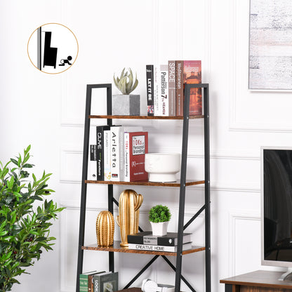 HOMCOM Bookcase 4-Tier Vintage Ladder Shelf with Wood Storage Rack, Stand Plants Display, Black and Brown 