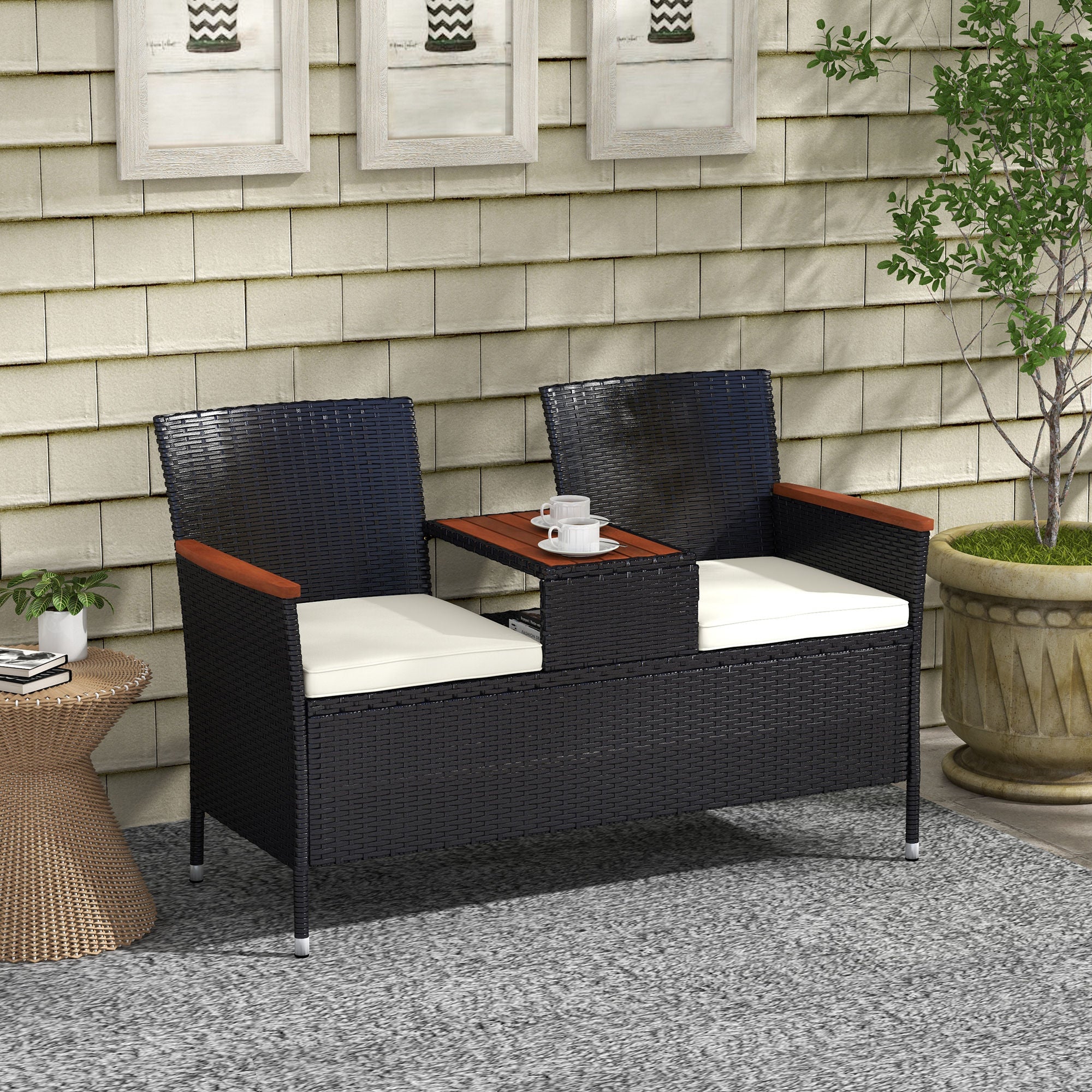 Outsunny Two-Seat Rattan Loveseat, with Wood-Top Middle Table - Black 