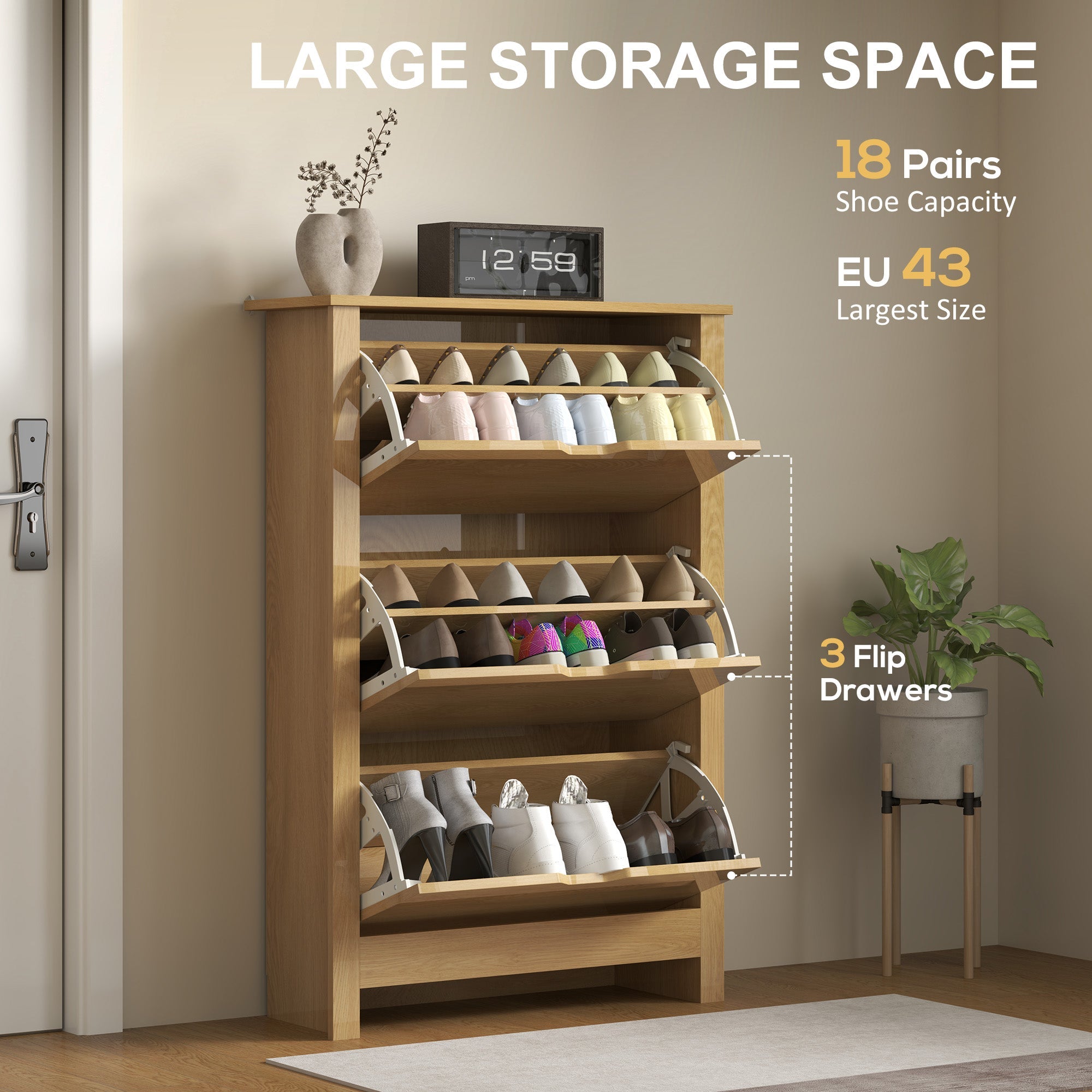 HOMCOM Slim Shoe Cabinet, Narrow Shoe Cupboard with 3 Drawers, Adjustable Shelves for 18 Pairs of Shoes, Natural Wood Finish 
