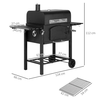 Outsunny Charcoal Barbecue Grill Trolley Garden Smoker with Shelves, Adjustable Height, Thermometer on Lid, Opener and Wheels 