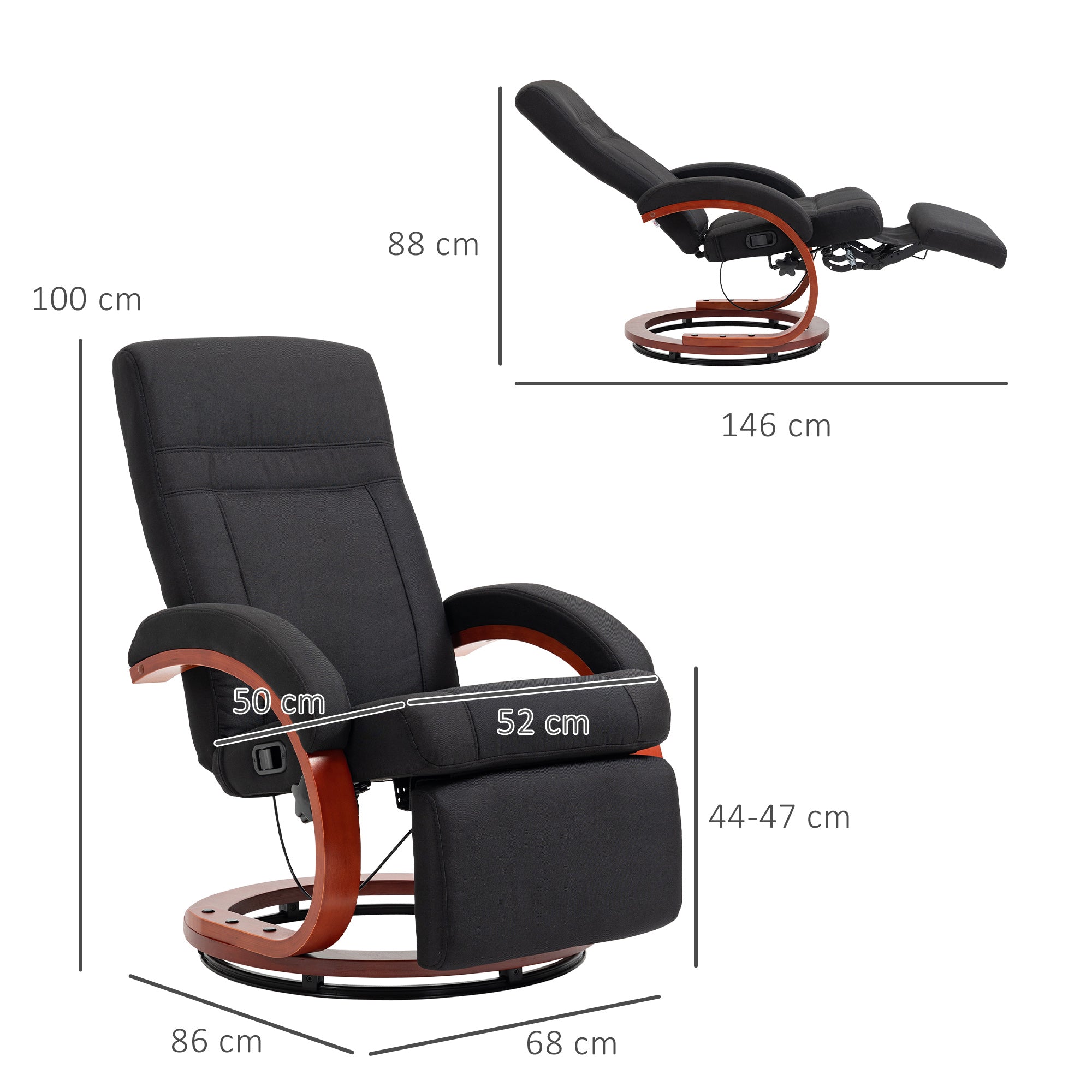 HOMCOM 135° Manual Reclining Swivel Chair, with Footrest - Black