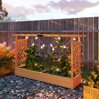 Outsunny Raised Planter with Trellis, Wooden Raised Bed for Garden with Hanging Roof and Drainage Holes, Outdoor Planter Box 