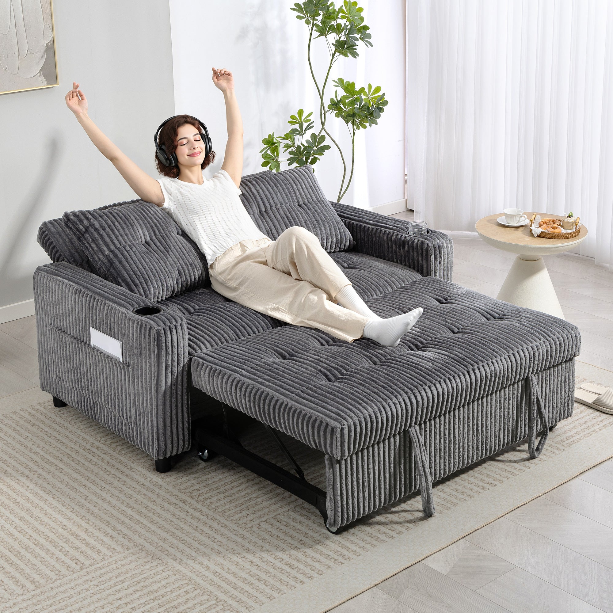 HOMCOM 2 Seater Click Clack Sofa Bed with Pull Out Design, Corduroy Upholstery - Charcoal Grey 