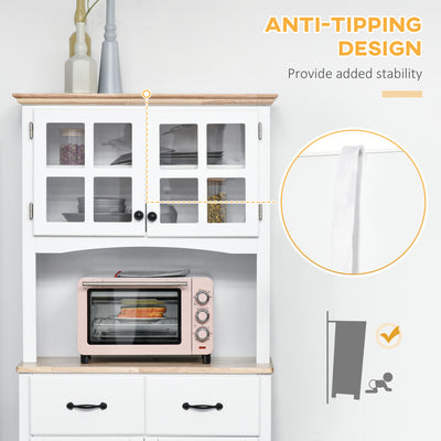 HOMCOM Freestanding Kitchen Cupboard, Kitchen Storage Cabinet with Framed Glass Doors, 2 Drawers, Microwave Counter, White 