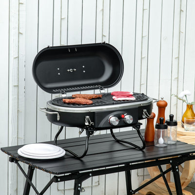Outsunny Foldable Gas BBQ Grill 2 Burner Table Top Barbecue with Lid Piezo Ignition Thermometer for Camping Picnic Cooking, Aluminium Alloy 