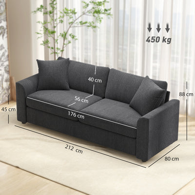 HOMCOM Modern 3 Seater Sofa with Spring Cushion, 212 cm Fabric Jumbo Cord Sofa Couch with 2 Scatter Cushions, Upholstered Corduroy Settee for Living Room, Bedroom, Home Office, Grey 