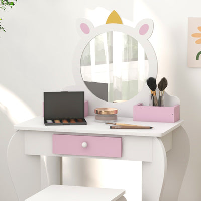 ZONEKIZ Unicorn-Design Kids Dressing Table, with Mirror and Stool - White 