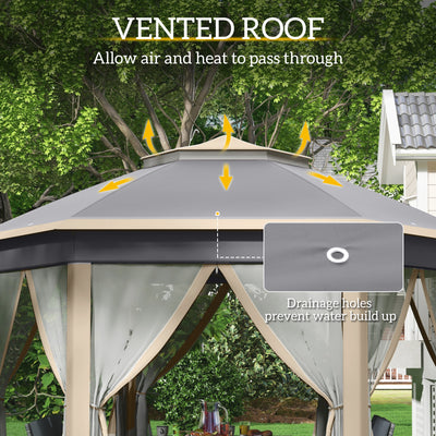 Outsunny Hexagon Pop Up Gazebo Outdoor Patio Gazebo Double Roof Instant Shelter with Netting, 3 x 4m, Khaki 