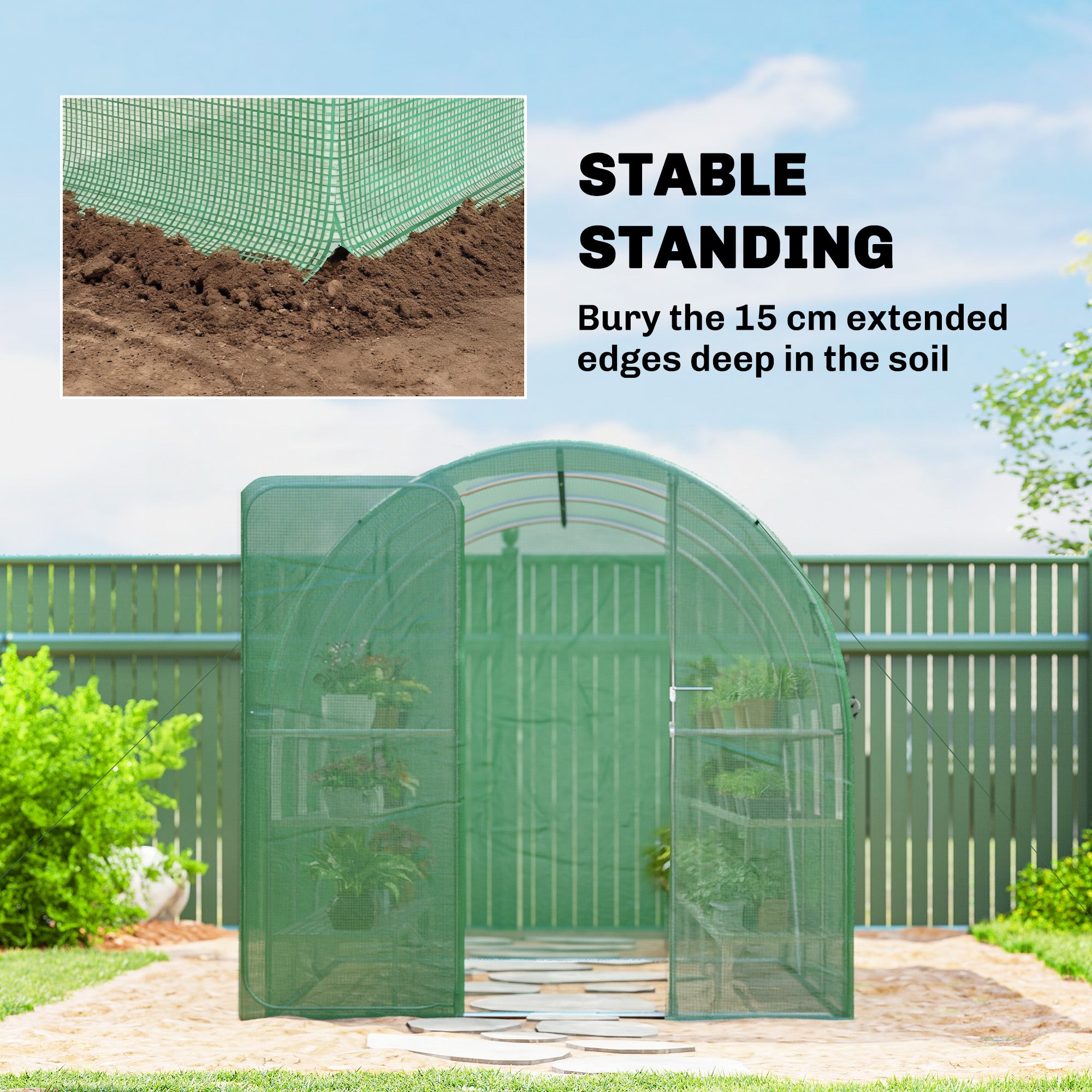 Outsunny 2 x 3 m Walk-in Polytunnel Greenhouse with Hinged Door and 6 Roll Up Mesh Windows, Garden Tunnel Warm House Tent, Green 
