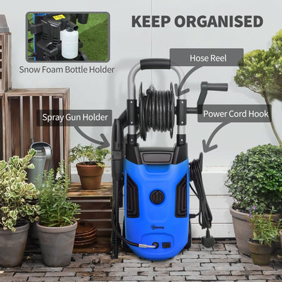 Outsunny 1800W High Pressure Washer, 150 Bar Pressure, 420 L/h Flow, Portable Power Washer Jet Wash Cleaner with Adjustable Nozzle, 6M Hose, Hose Reel, Steel Handle for Home Patio Car Driveway, Blue 
