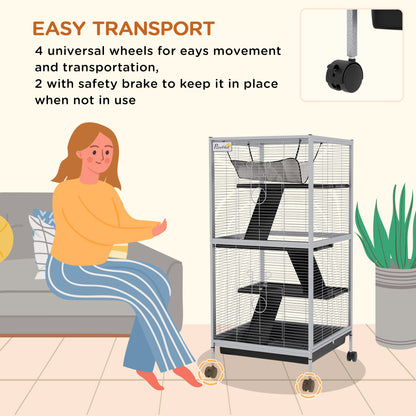 PawHut Small Animal Cage Pet Play House with Wheels Platforms Light Grey 