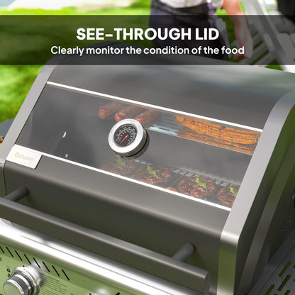 Outsunny 7.5kW Three-Burner Gas BBQ Grill, with See-Through Lid - Black 