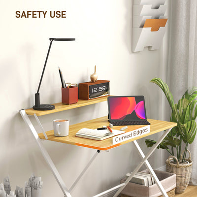HOMCOM Compact Folding Desk for Small Spaces, Foldable Computer Desk with Storage Shelf for Home Office, 2-Tier Study Writing Table, 86 x 66 x 82 cm, Maple Wood-effect 