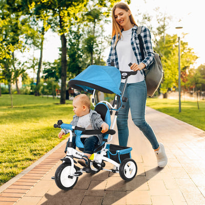 HOMCOM 6 in 1 Kids Trike Push Bike w/ Push Handle, Canopy, 5-point Safety Belt, Storage, Footrest, Brake, for 1-5 Years, Blue 
