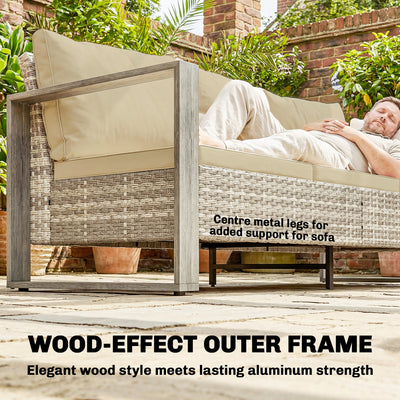 Outsunny 4 Piece Rattan Garden Furniture Set with 3-Seater Sofa, Armchairs, Table, Aluminium Frame Patio Conversation Set, Khaki 