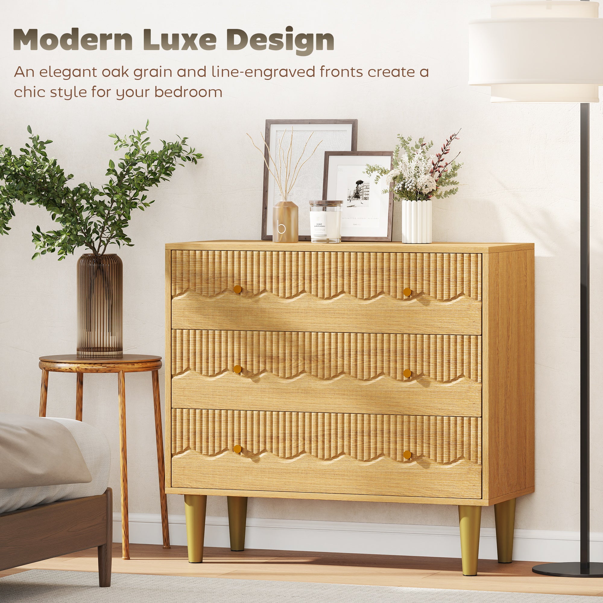 HOMCOM Dresser for Bedroom 3 Drawer Chest of Drawers with Steel Frame for Living Room in Oak 